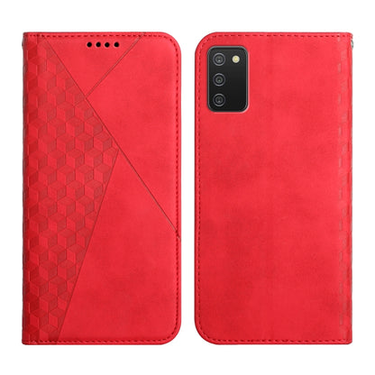 Red leather wallet phone case with geometric panel, button openings and camera cutout.