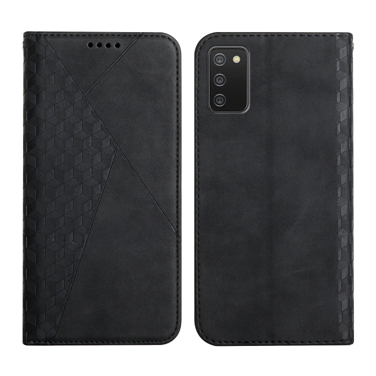 Black magnetic leather phone case with geometric diagonal design; back shows multi-lens camera cutout.