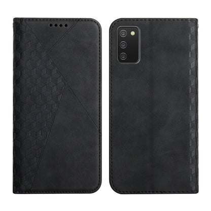 Black magnetic leather phone case with geometric diagonal design; back shows multi-lens camera cutout.