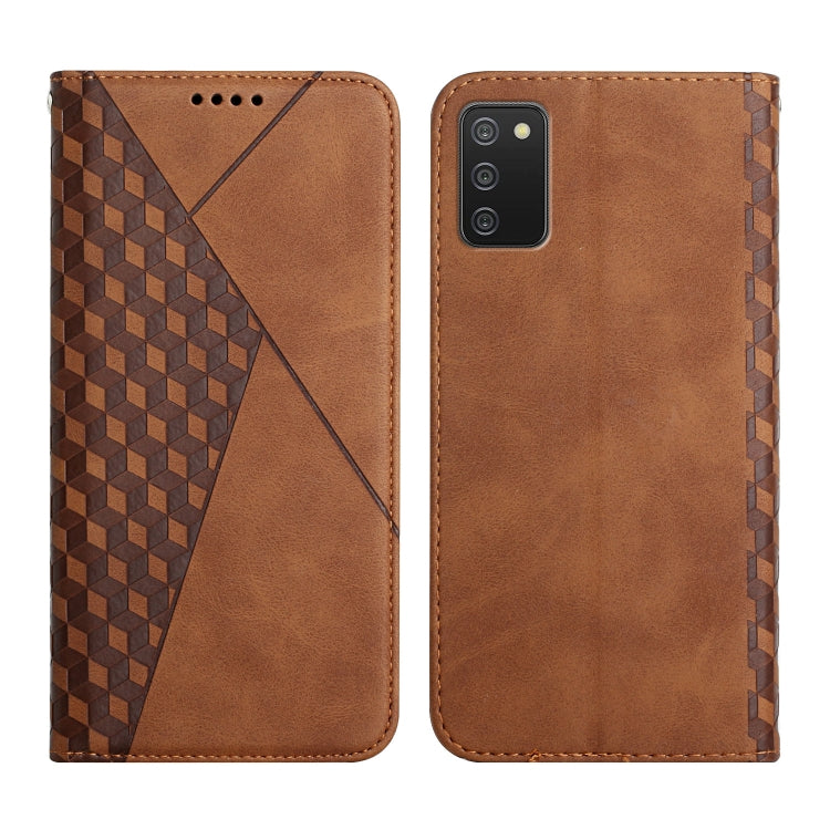 Brown magnetic leather phone case with geometric flap panel and camera cutout, front-facing