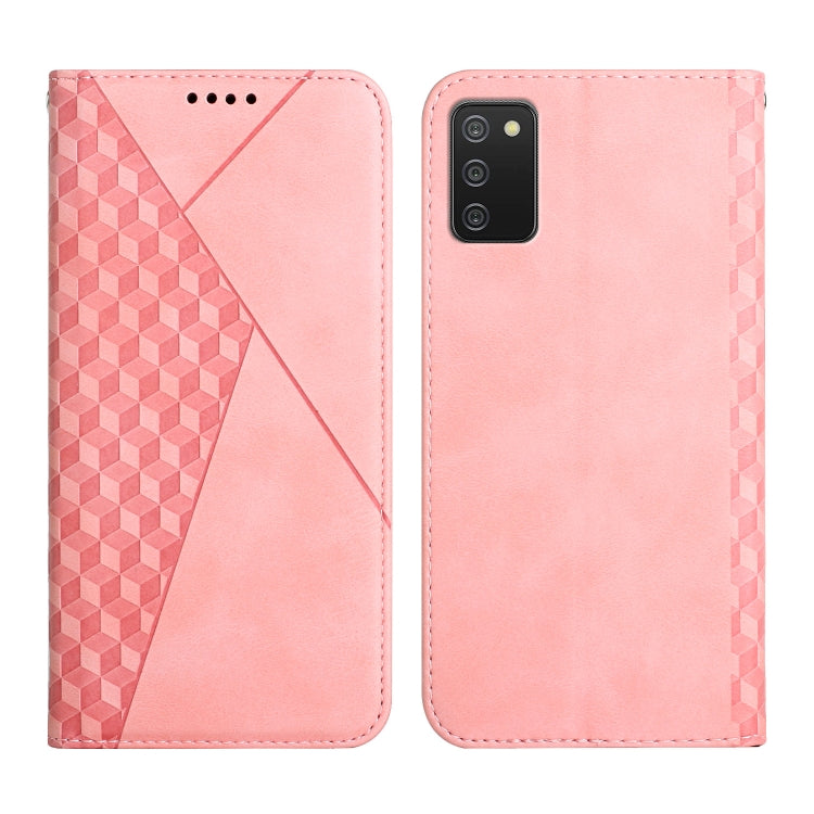 Light pink leather phone case with geometric pattern, speaker grille and camera cutout.