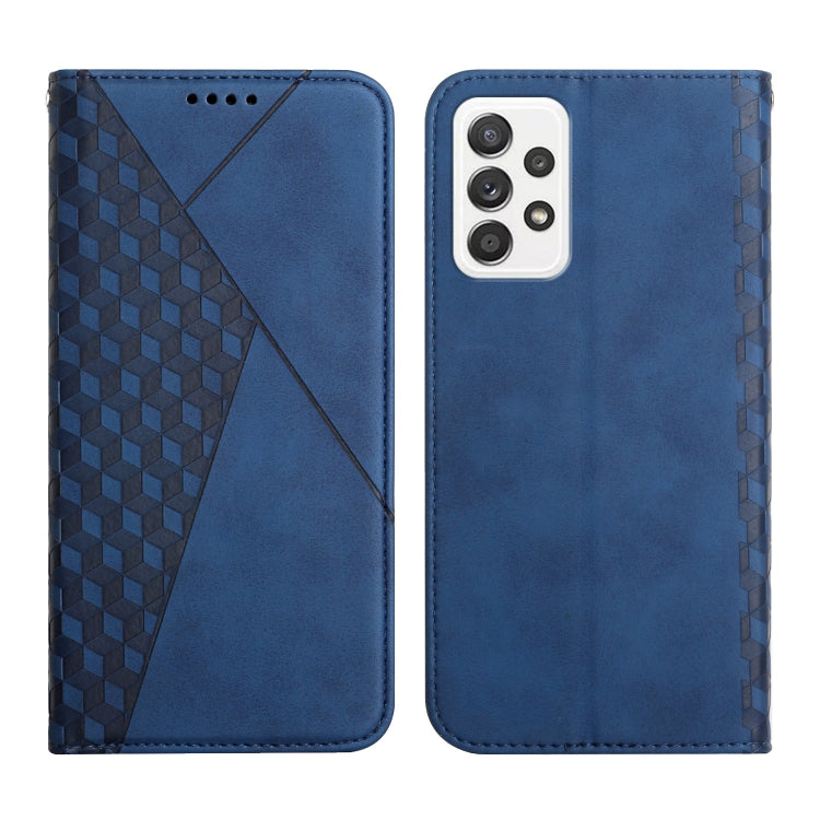 Blue leather magnetic phone case with geometric diagonal panel and multi-camera cutout