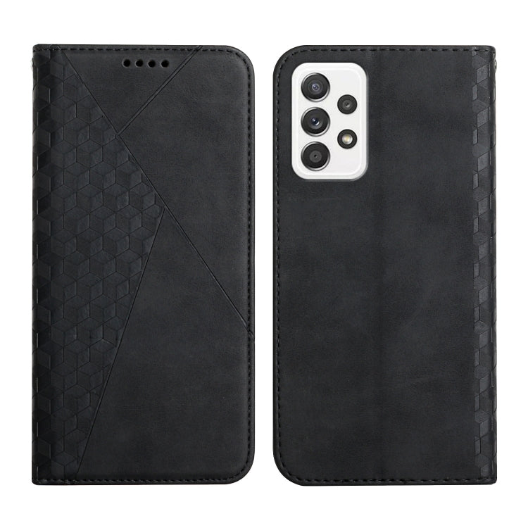 Black magnetic leather phone case with geometric cube pattern; back shows triple-lens camera cutout.