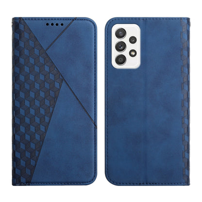 Blue leather magnetic phone case with geometric diagonal panel and front camera openings