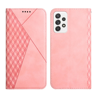 Rose pink magnetic leather phone case featuring geometric pattern and stitched edges; phone back view.