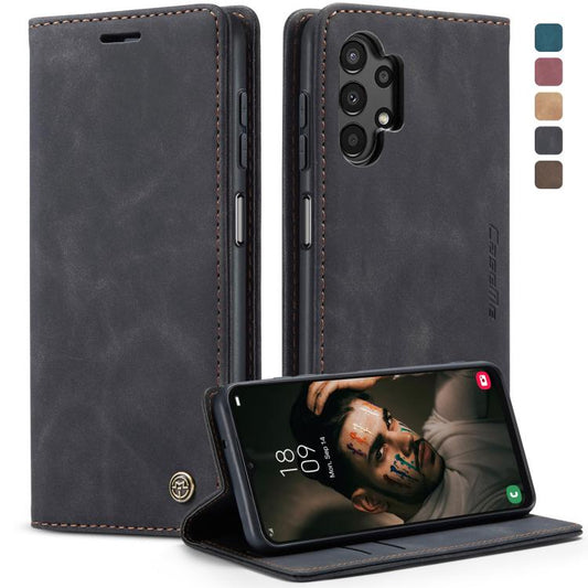 Black leather horizontal flip phone case with stitched edges, card slots, and stand view