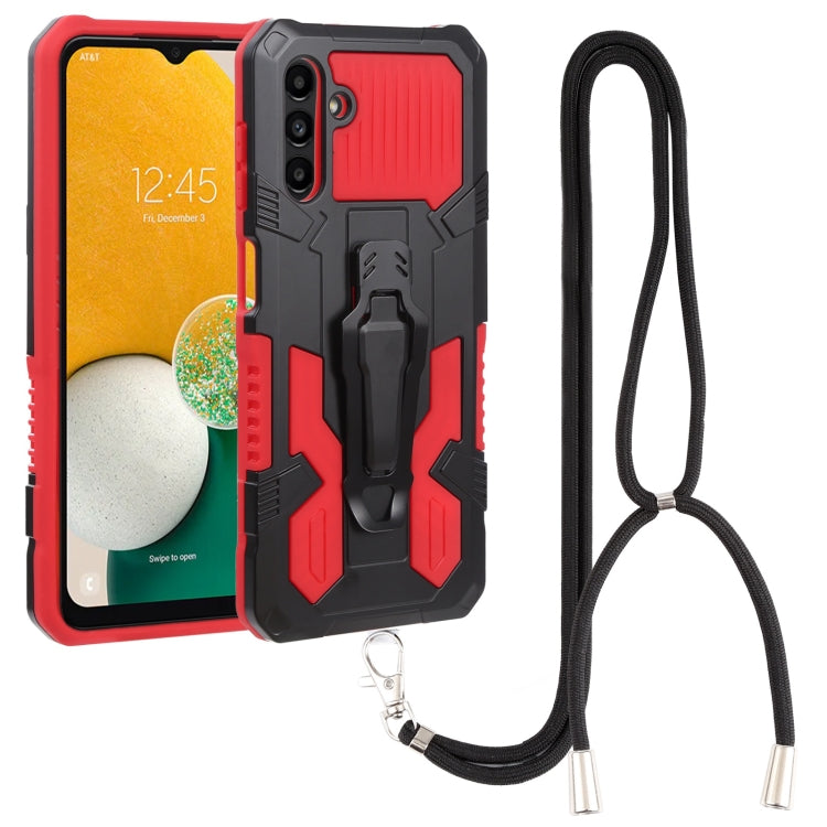 Red shockproof phone case with TPU bumper and black lanyard strap
