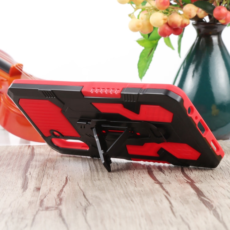 Red armored shockproof phone case with raised grip edges and lanyard