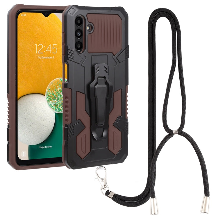 Brown shockproof phone case with TPU bumper and black lanyard strap