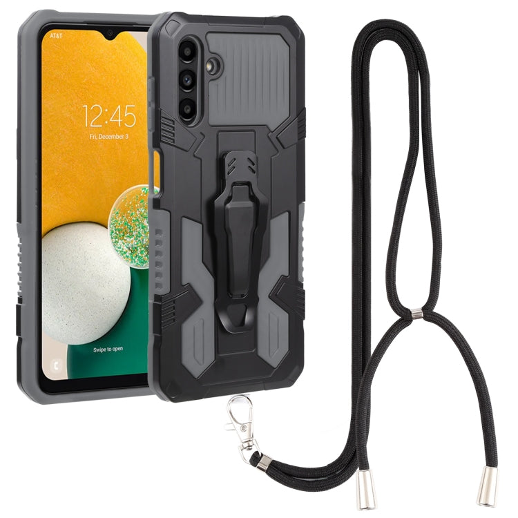 Rugged shockproof phone case with lanyard strap, dark gray and black armor design