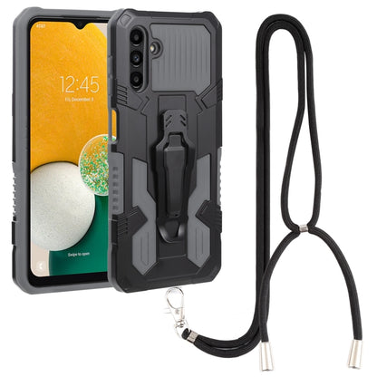 Rugged shockproof phone case with lanyard strap, dark gray and black armor design