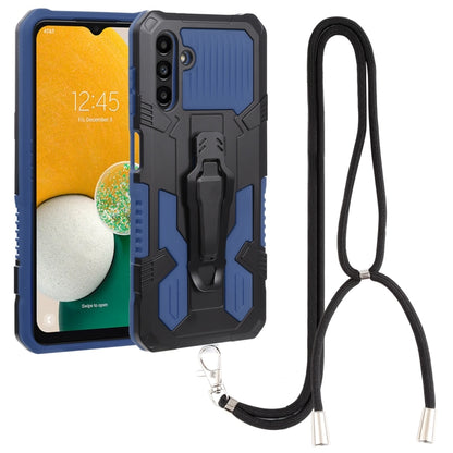 Rugged shockproof phone case with lanyard strap, blue and dark gray armor design