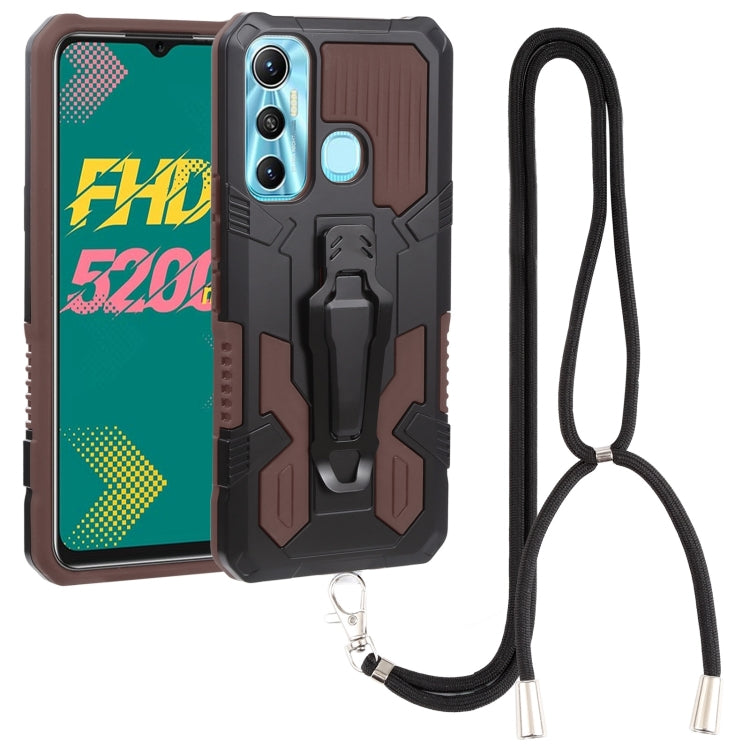 Brown armored rugged shockproof phone case with lanyard cord and camera cutouts