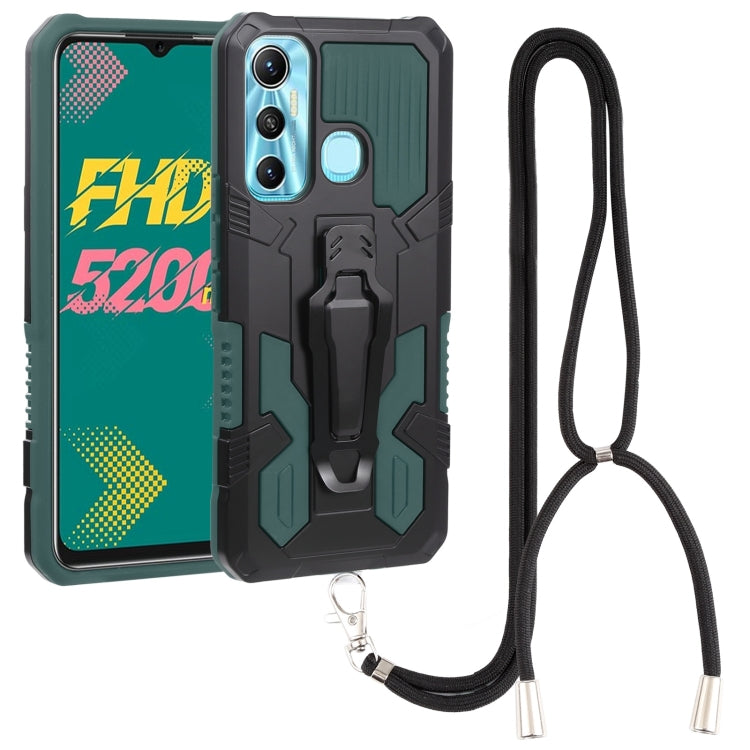 Rugged shockproof phone case with lanyard strap, green and black armor design