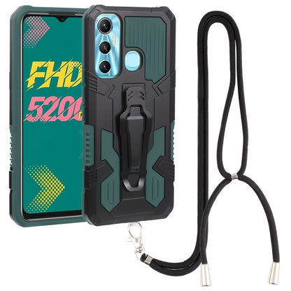 Rugged shockproof phone case with lanyard strap, green and black armor design
