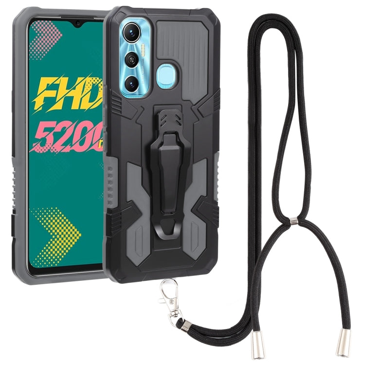 Rugged shockproof phone case with lanyard strap, medium gray and black armor design