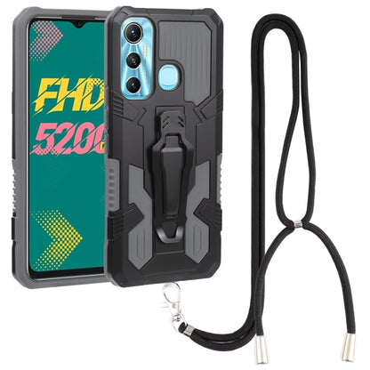 Rugged shockproof phone case with lanyard strap, medium gray and black armor design