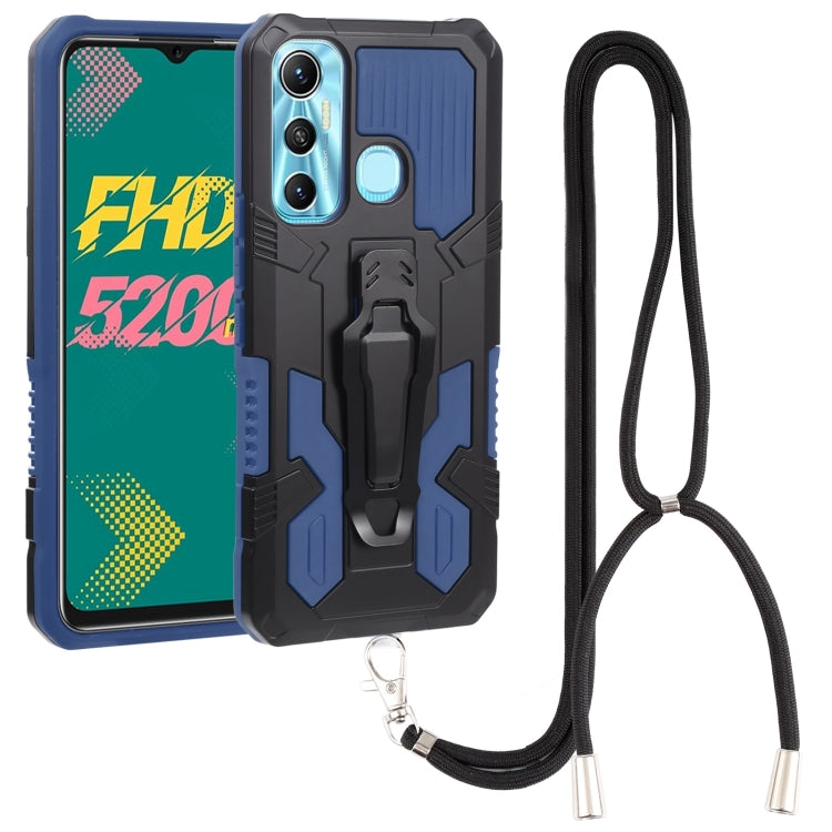 Rugged shockproof phone case with lanyard strap, blue-green and black armor design