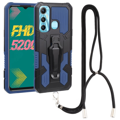 Rugged shockproof phone case with lanyard strap, blue-green and black armor design