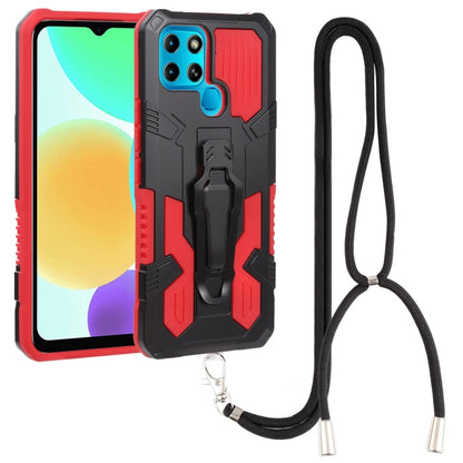 Red rugged shockproof phone case with camera cutouts and black lanyard cord