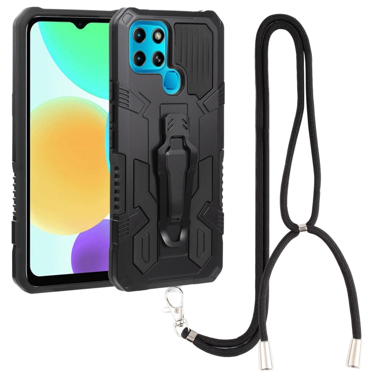 Black rugged shockproof phone case with textured grip and black lanyard cord