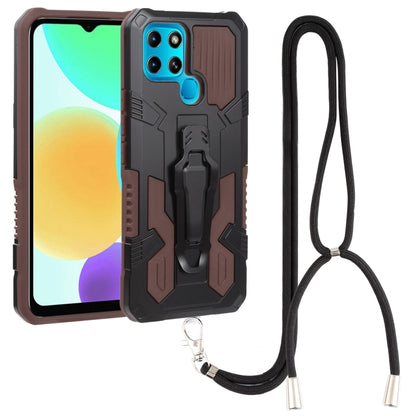 Rugged shockproof phone case with lanyard strap, dark brown and black armor design