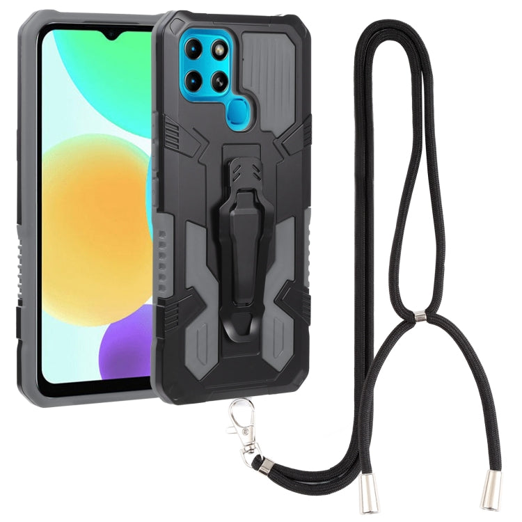 Rugged shockproof phone case with lanyard strap, dark brown and black armor design