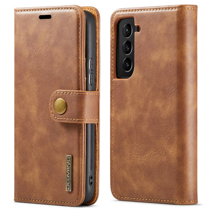 Magnetic leather folio phone case in brown, with snap tab and camera cutout