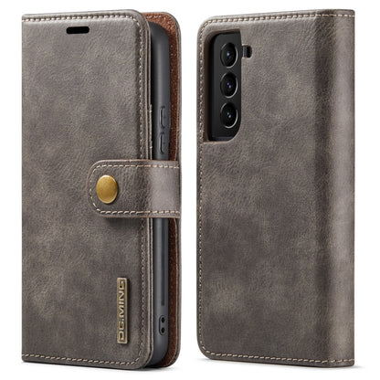 Magnetic leather folio phone case in dark gray, with snap tab and camera cutout