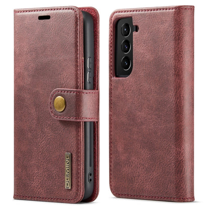 Magnetic leather folio phone case in red, with snap tab and camera cutout