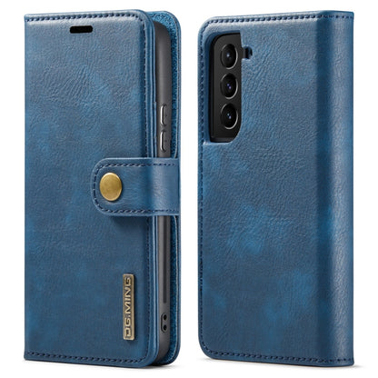 Magnetic leather folio phone case in blue, with snap tab and camera cutout