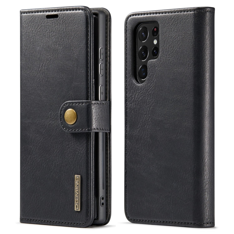 Magnetic leather folio phone case in black, with snap tab and camera cutout