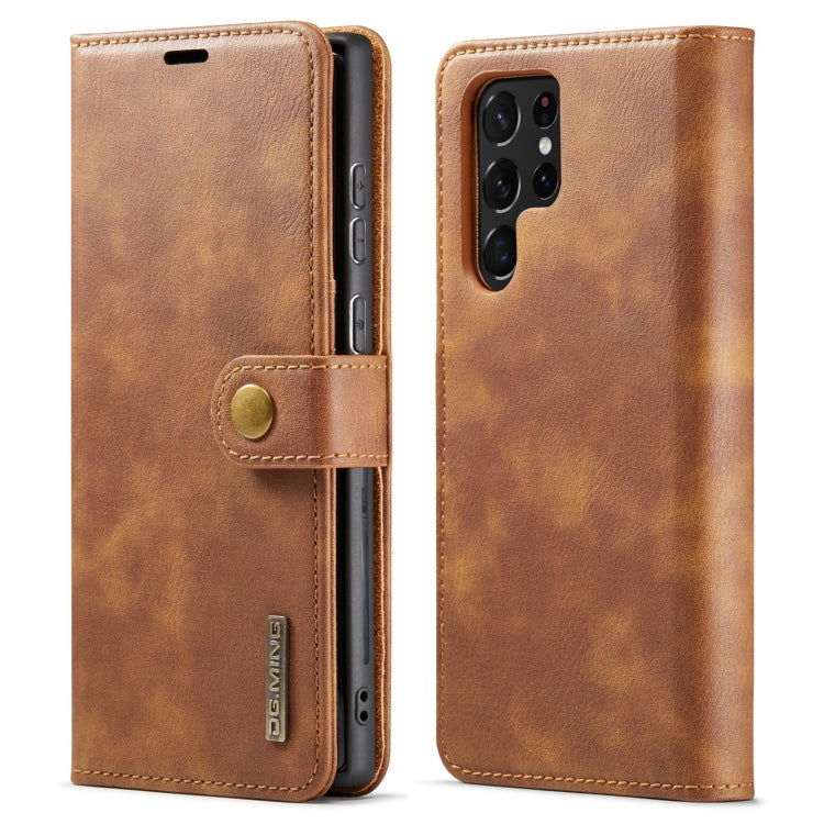 Magnetic leather folio phone case in tan, with snap tab and camera cutout