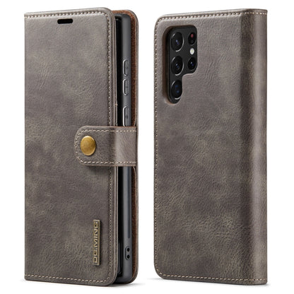 Magnetic leather folio phone case in gray, with snap tab and camera cutout