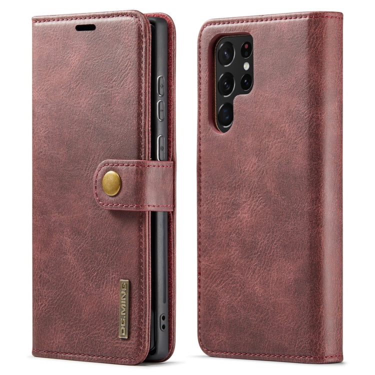 Magnetic leather folio phone case in maroon, with snap tab and camera cutout