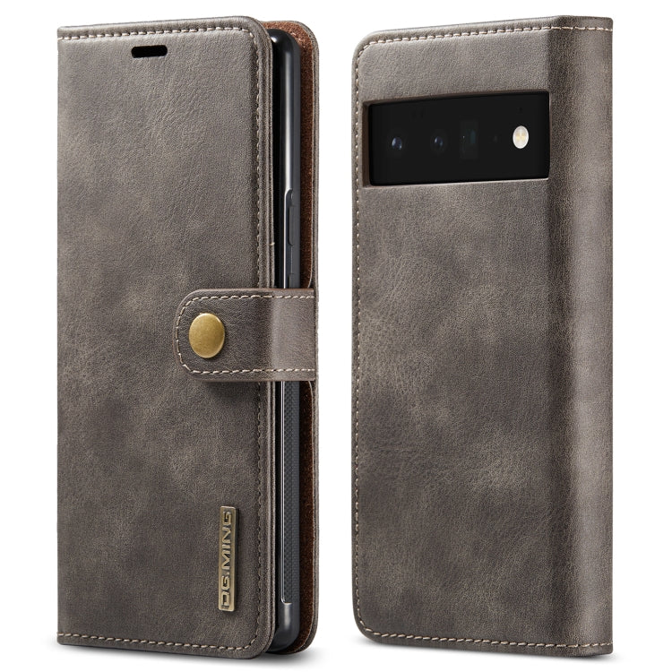 Grey leather flip phone case with magnetic strap and exposed camera cutout