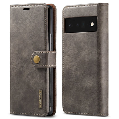 Grey leather flip phone case with magnetic strap and exposed camera cutout