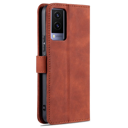 Brown calf-texture flip leather phone wallet case open view with camera cutout