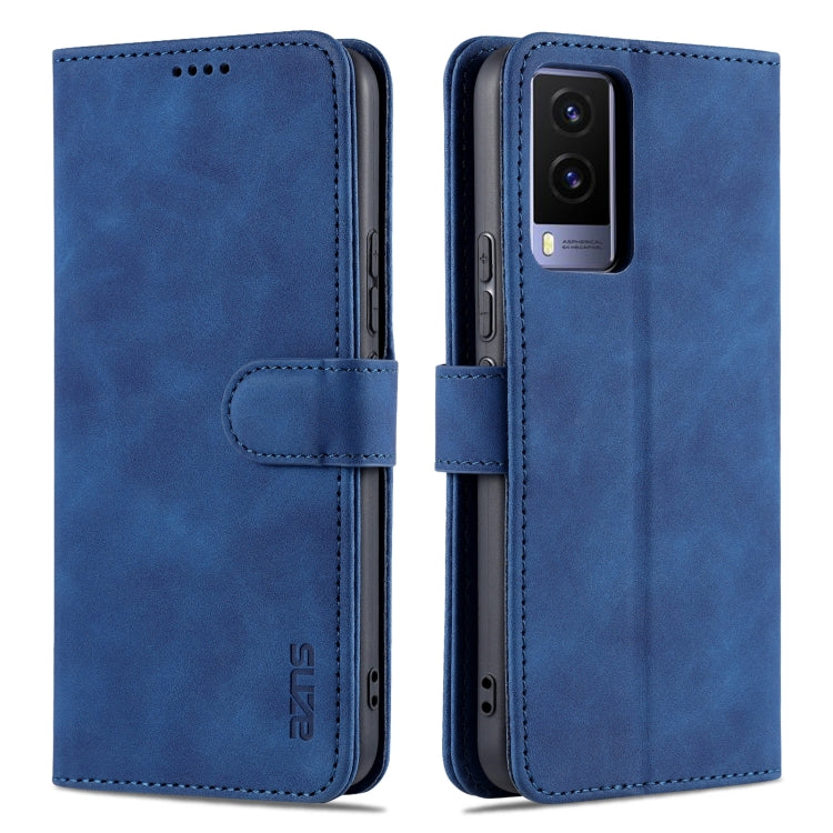 AZNS leather-look flip phone case with blue cover and card slot, magnetic strap closure