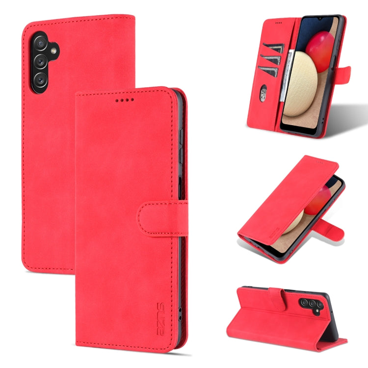 AZNS leather-look flip phone case in red with magnetic closure and built-in viewing stand
