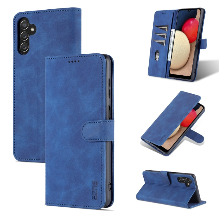 AZNS leather-look flip phone case in blue with front cover and kickstand view angle