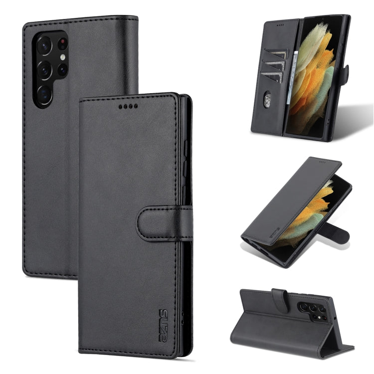 AZNS leather-look flip phone case in black with magnetic strap and fold-out kickstand