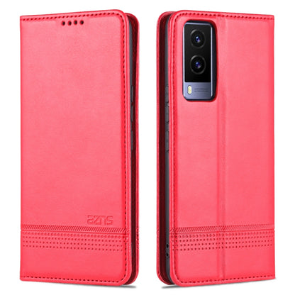 Red magnetic flip leather phone case with card slots and stitched edges, front cover open