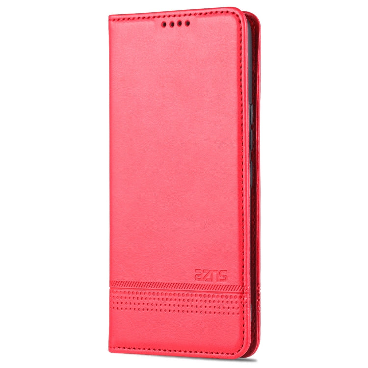 Red magnetic flip leather phone case, side view with camera cutout and embossed logo