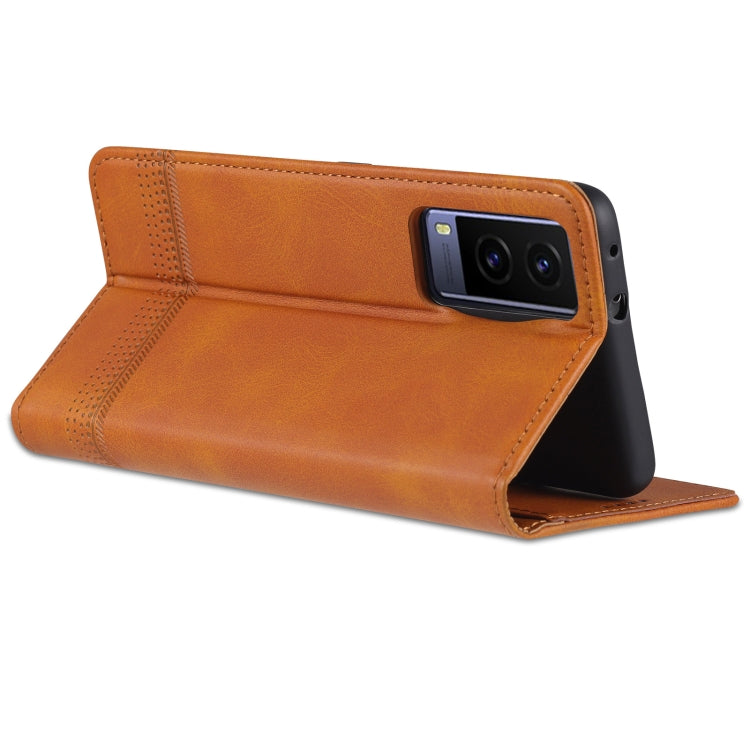 Tan magnetic flip leather phone case with front stand and camera cutout, wallet-style