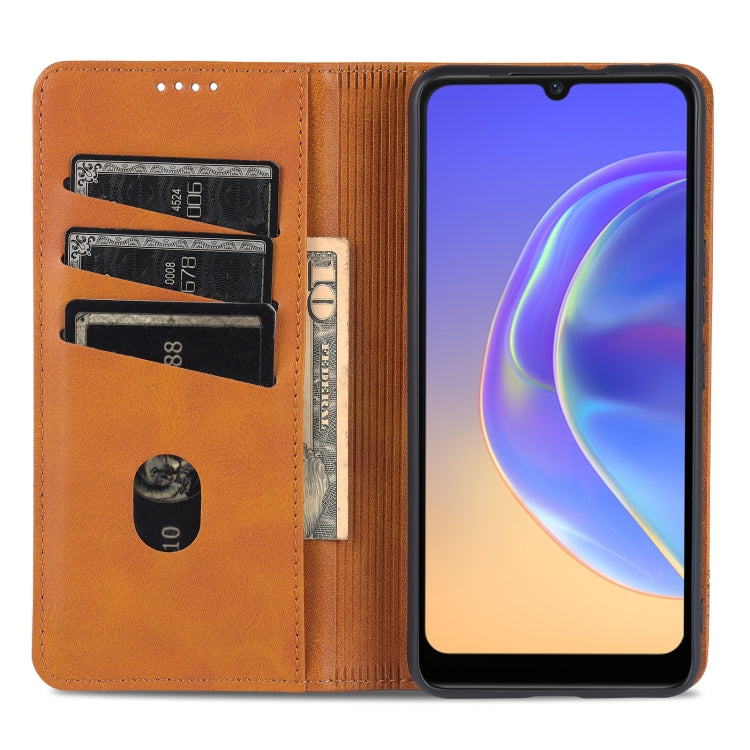 Brown magnetic flip leather phone case with card slots and camera opening, phone inserted