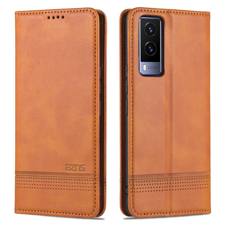 Orange-tan magnetic flip leather phone case with camera cutout, front and back views