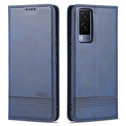 Blue leather wallet-style flip phone case with magnetic closure, camera cutout