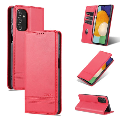Red leather wallet-style flip phone case with magnetic closure, camera cutout