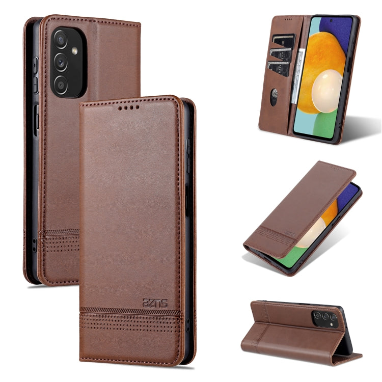 Dark brown leather wallet-style flip phone case with magnetic closure, camera cutout